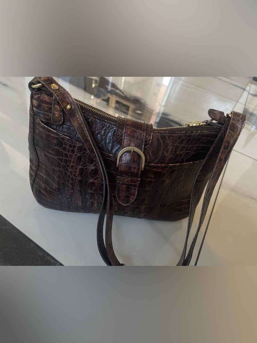 Brahmin Dark Brown Croc-Embossed Leather Shoulder Bag